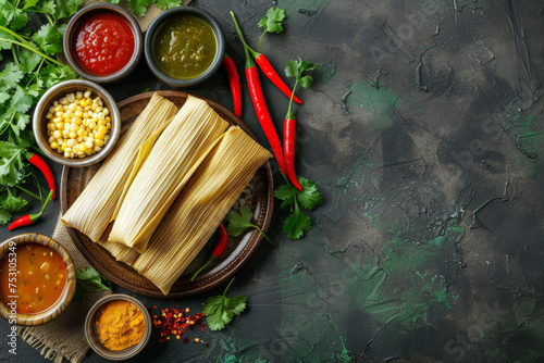 Mexican tamales of corn leaves with chili and sauces on a dark backdrop. Mexican traditional food banner with top view and a big space for text or product.