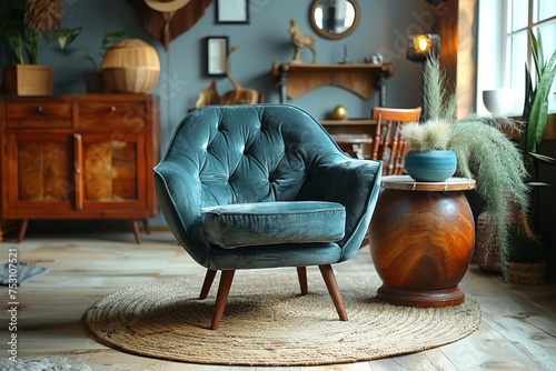A classic leather armchair with diamond tufting sits in an elegantly decorated room with wooden furniture and home decor items