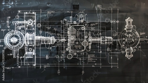 Portrait of schematic diagram a complex engineering machine. generative AI image