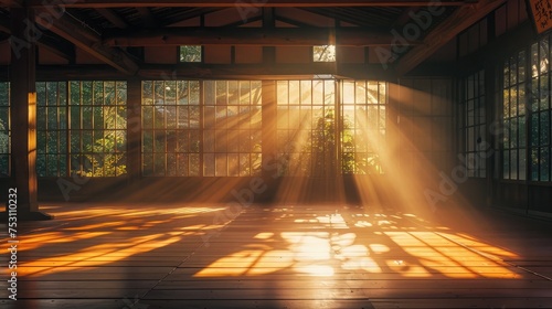 A judo dojo at sunrise, with light streaming through the windows, creating a serene and peaceful atmosphere for practice.