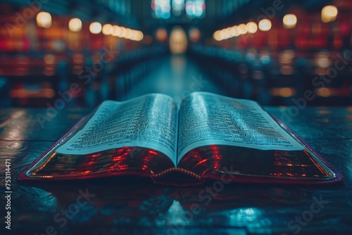 A holy bible lies open on a wooden bench with glowing light blurs in a church, evoking a sense of devotion