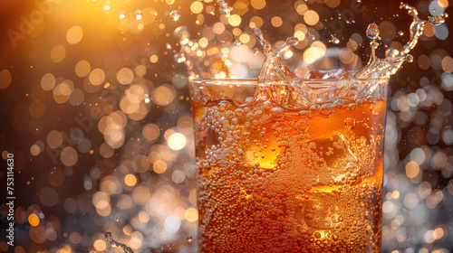 Glass with carbonated drink and splashes on bokeh background.