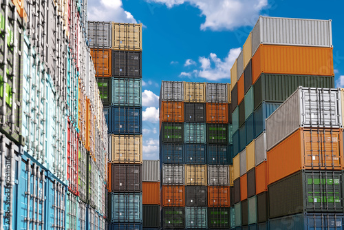 Open air warehouse for shipping containers. Multi-colored cargo containers are stored on top each other. Sea harbor with tare for shipping. Warehouse containers for transportation on ship. 3d image