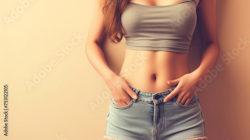 Young woman with flat belly on beige background closeup
