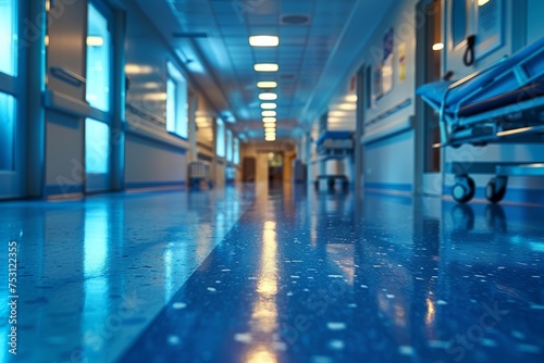 A clean, deserted hospital corridor showcasing modern medical facilities