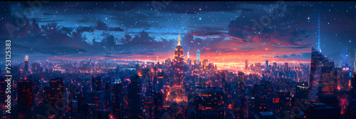  Creative City Illustration, Glowing skyscrapers illuminate the crowded city streets below 