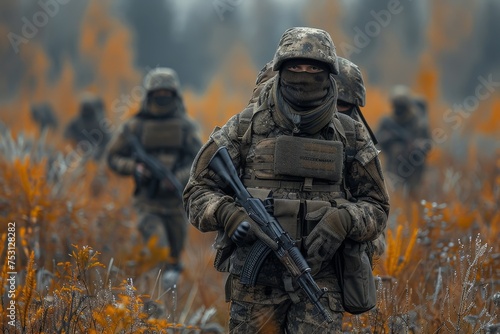 A squad of soldiers in Autumn camouflage in a field, focusing on their military engagement