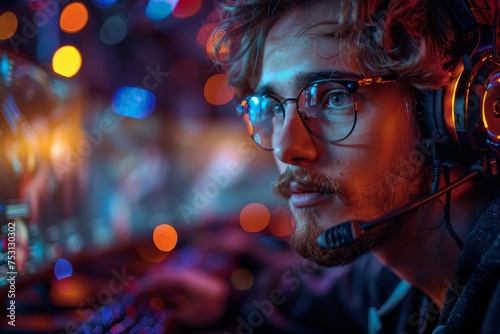 Sharp detail of a gamer engaged in play, wearing headphones that stand out thanks to the vibrant neon backlight