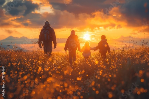 A warm and vibrant image capturing a family on a trek through a glistening field during a picturesque sunset