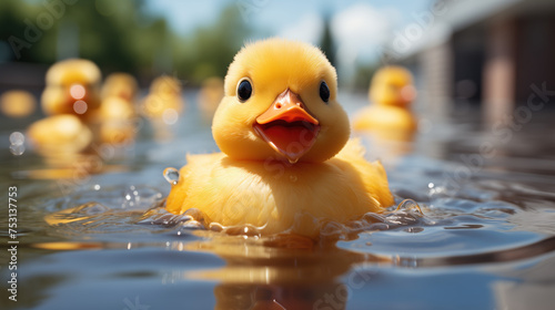 3D illustration of several yellow ducklings floating on the surface of the water, with one duckling close-up