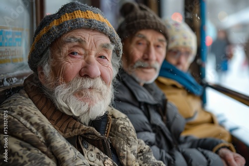 A group of elderly friends bundled up and waiting together at a bus stop on a snowy day, indicating strong companionship