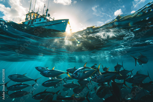 Fishermen on a small boat above a large school of fish captured in a stunning split underwater and above water shot in the open ocean..