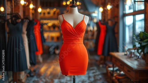 Elegant woman's orange midi dress on a mannequin in a shopping centre window. Beautiful dress in a luxury shop. Modern boutique and luxurious dress. Orange dress on mannequin. Dress for sale in modern