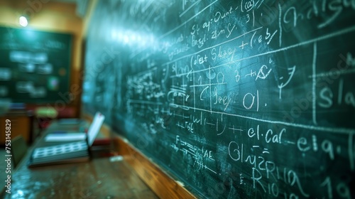 Close-up of a blackboard filled with complex mathematical equations and formulas in an educational setting.