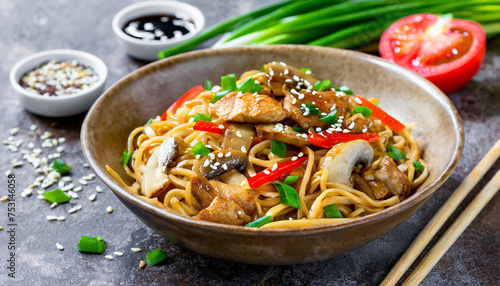 Stir fry noodles with chicken slices, red paprika, mushrooms, soy sauce and sesame seeds. Asian dish.