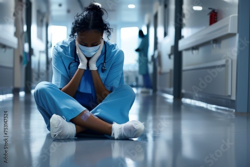 Tired depressed female African scrub nurse wears face mask blue uniform gloves sits on hospital floor