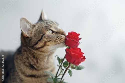 Tabby Cat Poses with Red Rose Bouquet in Yellow and Gold Aesthetic, Against White Background, Illustrating Wildlife Photography Concept