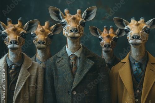 Serene giraffes elegantly dressed in suits, combining natural wildlife aesthetics with an unexpected humanized sartorial twist