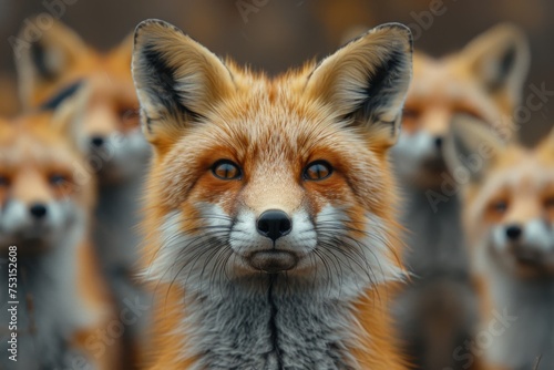 A captivating fox stares forward, surrounded by other foxes in a symbolic and engaging wildlife scene