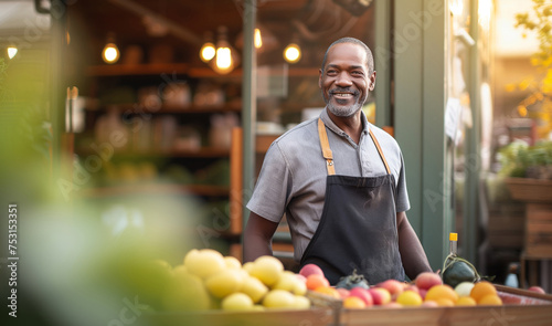 Portrait of happy smiling small Latino business owner dressed in black uniform with an apron in his cozy vegetable shop. Successful people, hard shopkeeper work, and restaurants industry concept