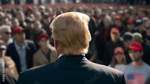 Republican president stands tall amidst a sea of supporters at rally. Back view of presidential candidate in front of a crowd.