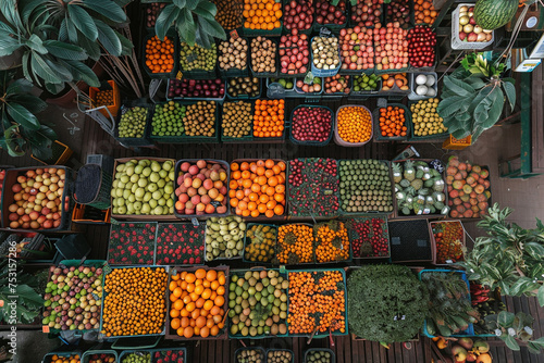 Aerial View of Colorful Fresh Fruit Stand Market