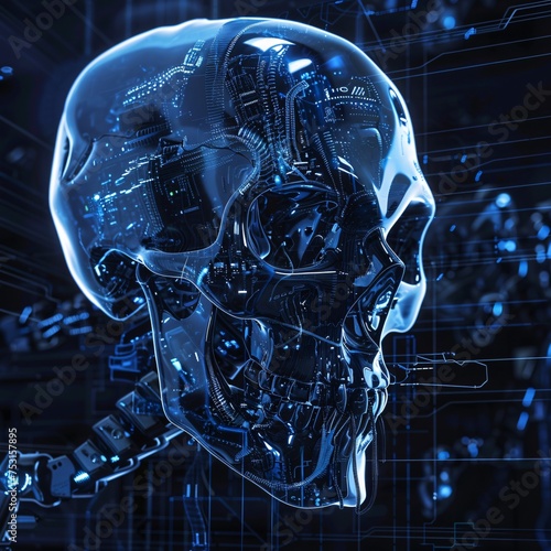 Futuristic skull with blue technological enhancements visualizing the concept of cybernetic immortality and memory storage