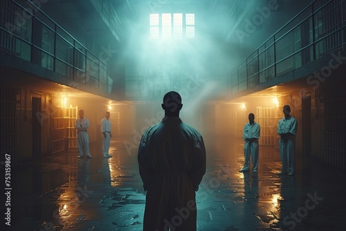 A commanding presence stands overseeing dimly lit prisoners in a foggy, enigmatic correctional facility