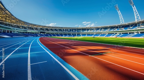 Vibrant running tracks in a large sports stadium. International athletics competition concept with copy space for design and print