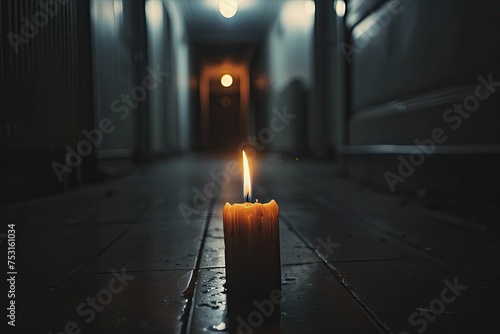 Flickering candle in a dim hallway, sleek design, subtle shadows, hinting at hidden figures.