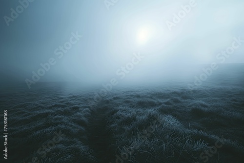 Eerie fog drifts across barren heath, muted hues, ominous atmosphere, hinting at impending danger.