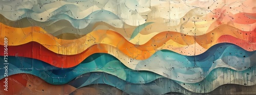 Abstract painted mural resembling undulating waves in warm and cool tones on a weathered wall, conveying a sense of rhythmic motion.