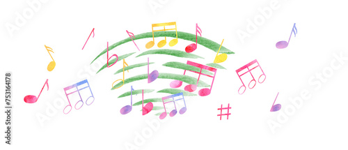 Composition with multicolored music notes. Notes flying through the waves of music. Rainbow color of note symbols. Watercolor illustration in classic style. Clip art for postcard design