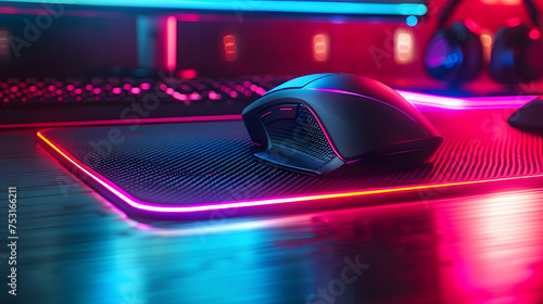 Photo of the mousepad and mouse. RGB lighting indicates gaming devices on the table. Dark gaming room