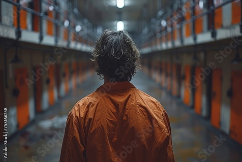 This poignant image portrays a lone individual facing away in an orange prison jumpsuit within a bleak prison environment