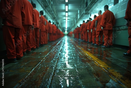 A dramatic scene of orange-clad inmates in formation down a gleaming prison hallway