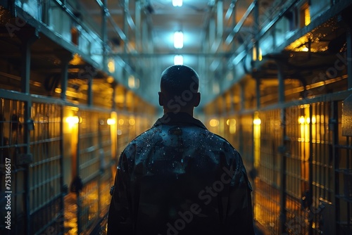 Image shows a back view of a man standing contemplatively amid a cage-like structure with visible rain droplets on his jacket