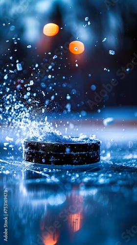 Dynamic close-up of a hockey puck in motion, surrounded by flying ice particles, capturing the intense action and chill of an ice hockey rink