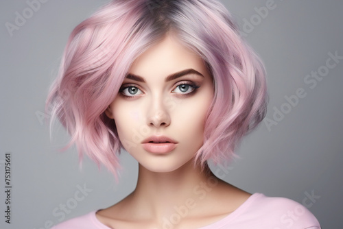 Colored Ombre bob hair extensions. Beauty makeup. Attractive Model Girl blonde with short pink hairstyle isolated on gray background. Closeup woman portrait Generative AI