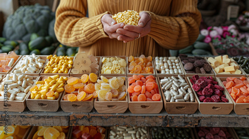 A person organizing and a variety of vitamins