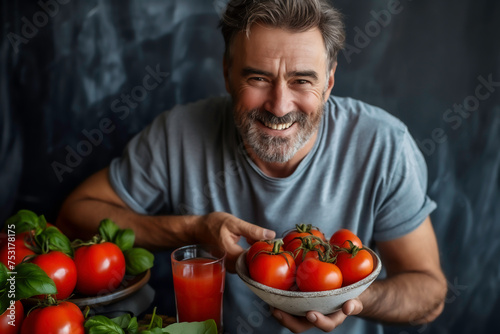 Smiling man holding a white bowl of tomatoes with glass of tomato juice were placed nearby in a kitchen, lycopene from tomatoes support prostate health, men health concept.