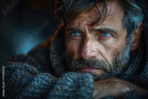 Close-up of a thoughtful mature man with deep eyes, wrapped in a cozy knitted sweater