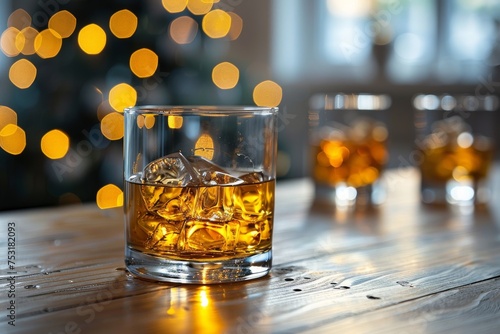Focused shot of whiskey glass on a table against a blurred background of bar lights