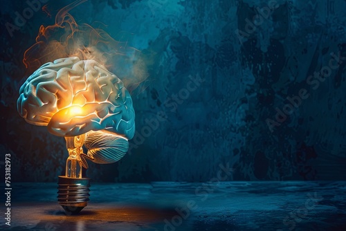 An incandescent light bulb in the middle of the brain. generative ai. Idea conceptual illustration