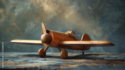 Classic wooden toy airplane on a rustic surface, beautifully lit to showcase its smooth curves and craftsmanship. Generative AI