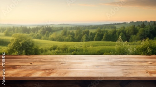 an empty wooden table on a blurred background of the countryside. a mockup for the display of your product.
