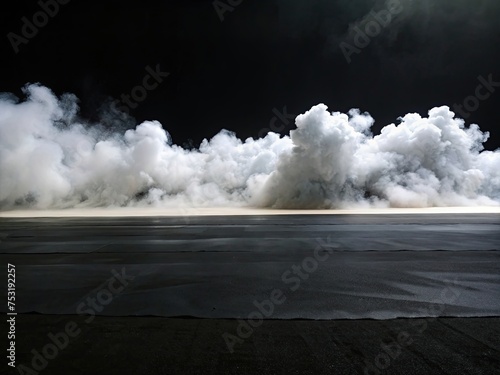 The plain black sand floor has white smoke clouds contrasting with the white generative ai