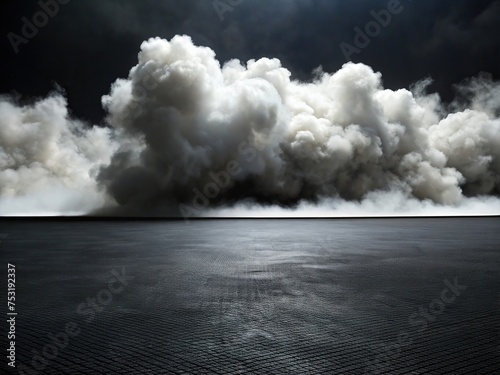 The plain black sand floor has white smoke clouds contrasting with the white generative ai