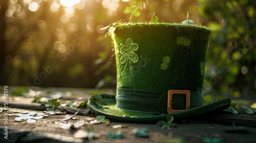 Green leprechaun hat with clover for St. Patrick's Day on green background