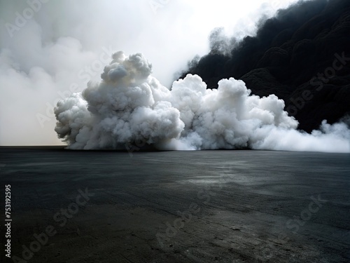 The plain black sand floor has white smoke clouds contrasting with the white generative ai